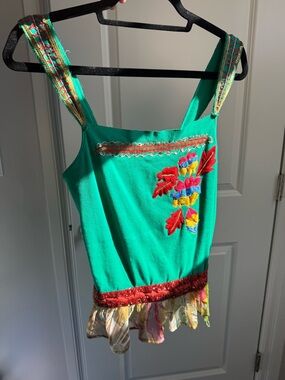 Toi & Moi Bright Green Embroidered Tank Top with Multicolor Floral Detail